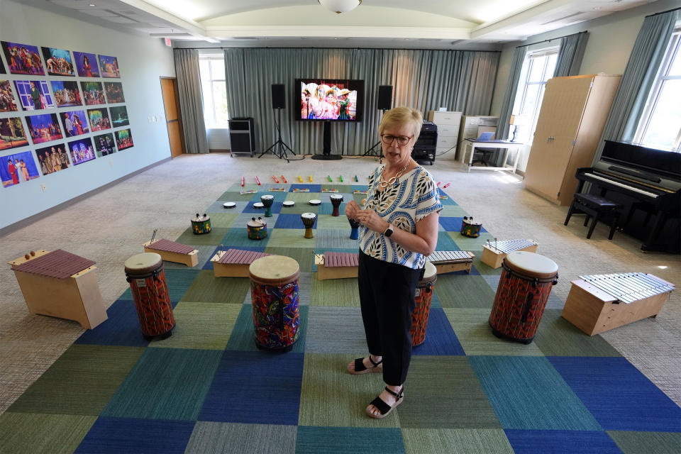Trudy Waters, the Head of School at The Covenant School in Nashville, Tenn., stands in a music room at the school Tuesday, June 25, 2024. Instruments and equipment in the room were donated by various groups, including the Joel Foundation, led by entertainer Billy Joel and wife Alexis Joel. (AP Photo/Mark Humphrey)