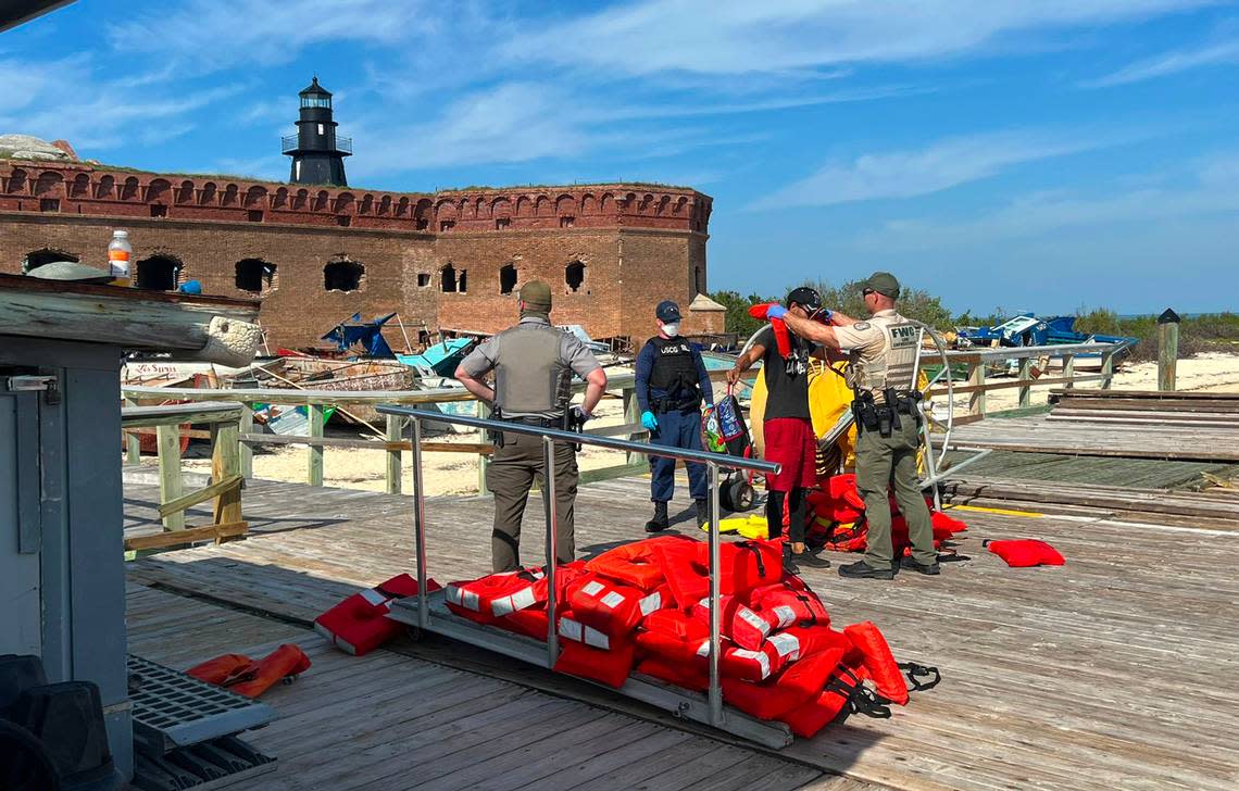 Cuban migrants being held at Dry Tortugas National Park on Wednesday, Jan. 4, 2023. The Coast Guard shipped 337 Cuban migrants from the national park to Key West on Thursday, Jan. 5, 2023, for processing.