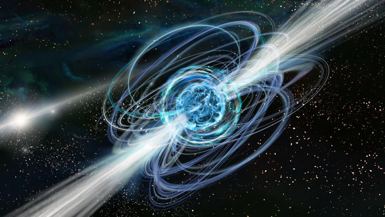3d illustration of magnetar, neutron star with magnetic field in a deep space