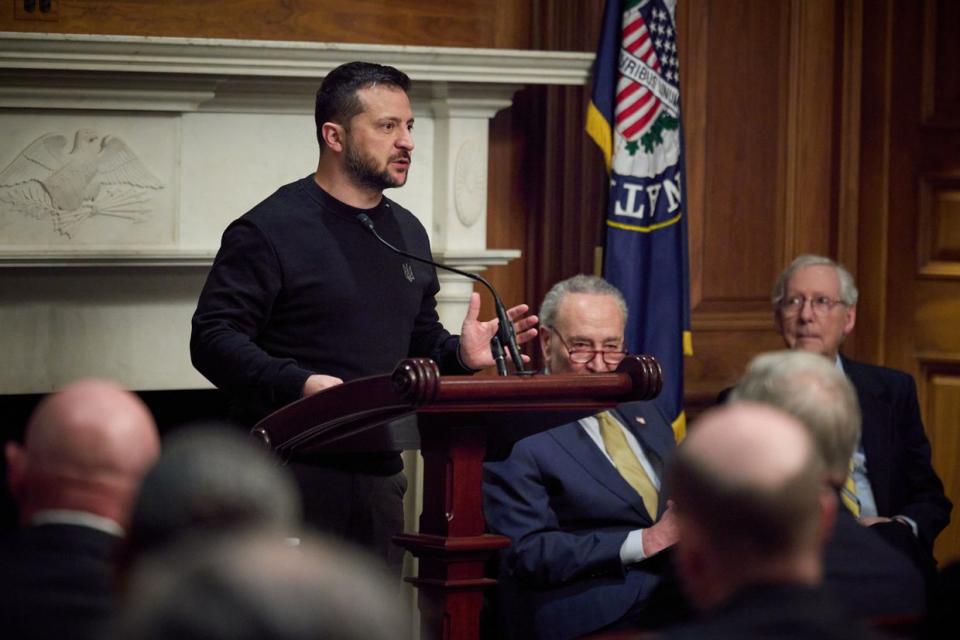 Ukraine's President Volodymyr Zelensky delivers an address to the U.S. Senate on Dec. 12, 2023. (Volodymyr Zelensky/Facebook)