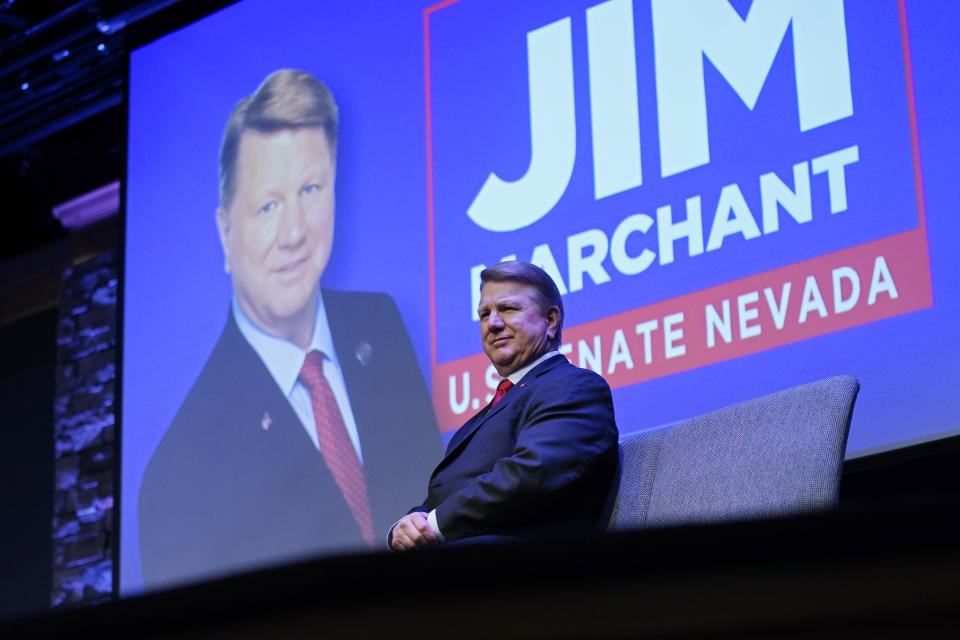FILE - Jim Marchant waits to speak at an event to announce his candidacy for the U.S Senate seat in Nevada, May 2, 2023, in Las Vegas. Seven Republicans vying for nomination for a Nevada Senate seat, including Marchant, are participating Thursday, Jan. 18, 2024, in their first debate. (AP Photo/John Locher, File)