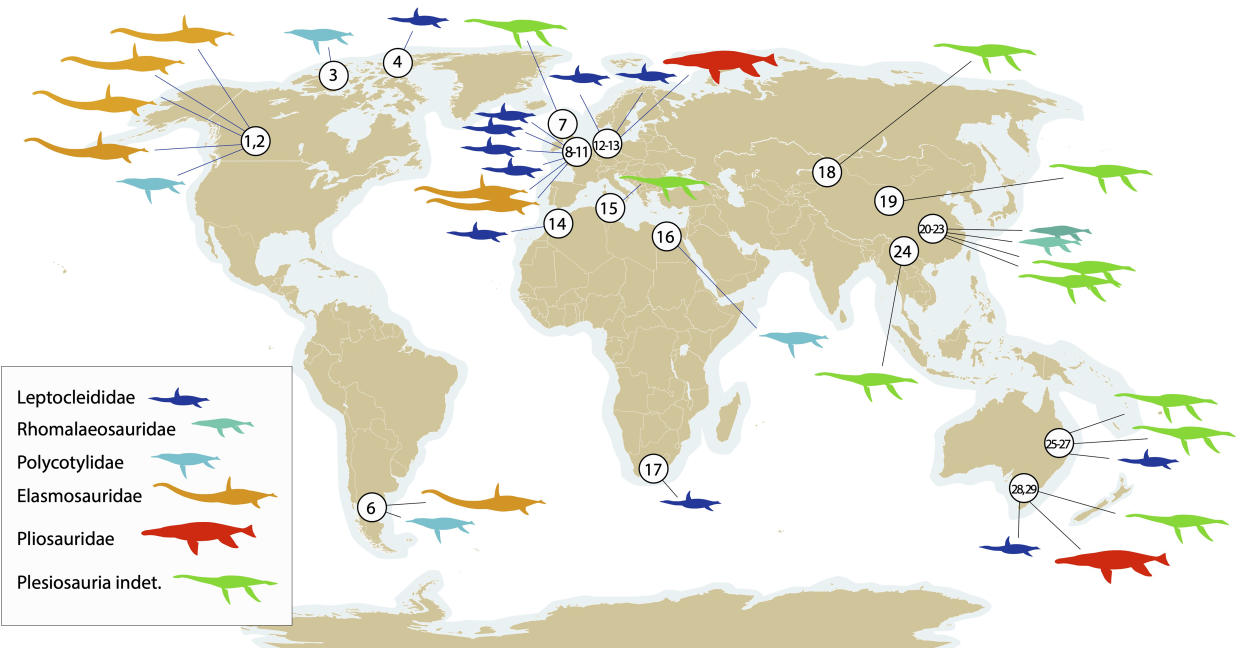 Un mapa proporcionado por Nick Longrich, paleontólogo y biólogo evolutivo de la Universidad de Bath, muestra la distribución a nivel mundial de varias especies de plesiosaurios, criaturas de cuello largo que se creía que solo habían habitado en los océanos. (Nick Longrich/ Universidad de Bath vía The New York Times).