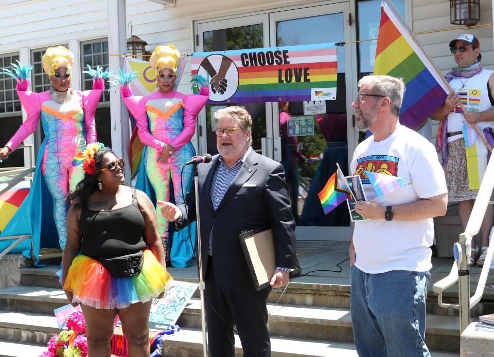 State Sen. Pete Harckham speaks at Putnam County's 5th annual Pride event in Carmel on June 1.