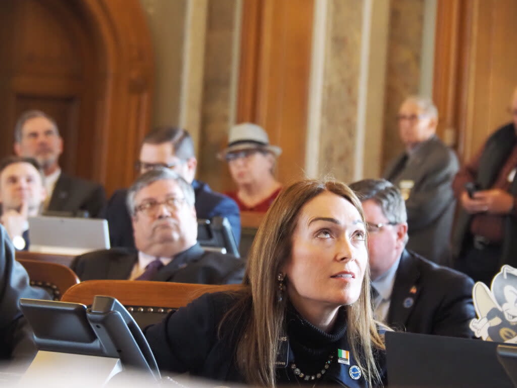 Rep. Kristey Williams, the driving force behind the education bill, counts votes during a Wednesday House meeting. (Rachel Mipro/Kansas Reflector)