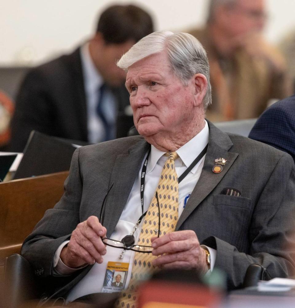 Rep. Jimmy Dixon allegedly prevented Colby “Bear” Hammonds from speaking at a February 17 political rally in Duplin County. Here, Dixon is showing listening to debate in the N.C. General Assembly in 2022.