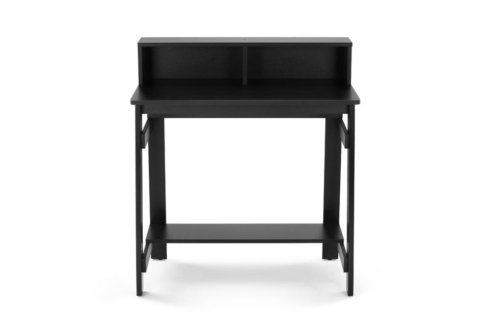 A black compact office desk with lower shelf and hutch.