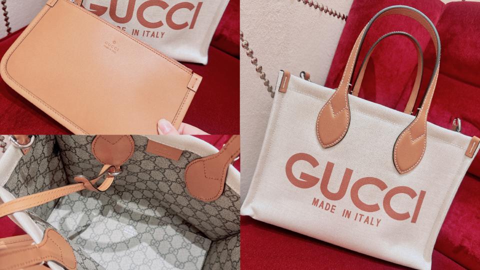 精品托特包推薦：Gucci 印花迷你手挽袋，NT$ 54,700！圖片來源：編輯拍攝