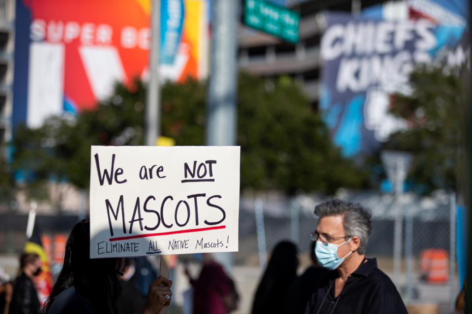 Protestors outside of Super Bowl LV