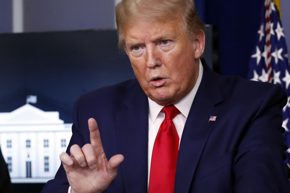 President Donald Trump speaks about the coronavirus in the James Brady Press Briefing Room of the White House, Monday, April 20, 2020, in Washington. (AP Photo/Alex Brandon)