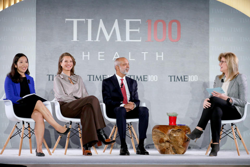 (L-R) Dr. Leana Wen, Christy Turlington Burns, Dr. Naveen Rao and Arianna Huffington speak onstage during the TIME 100 Health Summit at Pier 17 in New York City on Oct. 17, 2019. | Brian Ach—Getty Images for TIME 100 Health