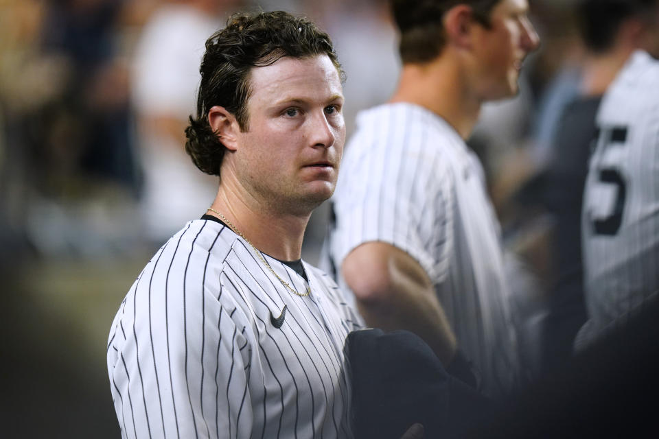 New York Yankees starting pitcher Gerrit Cole stands in the dugout during the seventh inning of the team's baseball game against the Detroit Tigers on Friday, June 3, 2022, in New York. (AP Photo/Frank Franklin II)