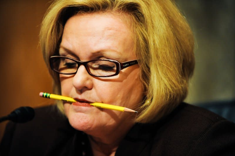 Sen. Claire McCaskill, D-Mo., chews on a pencil during a congressional hearing on July 29, 2010. On March 30, 1858, a U.S. patent was granted to Hymen Lipman for a pencil with an attached eraser. File Photo by Alexis C. Glenn/UPI