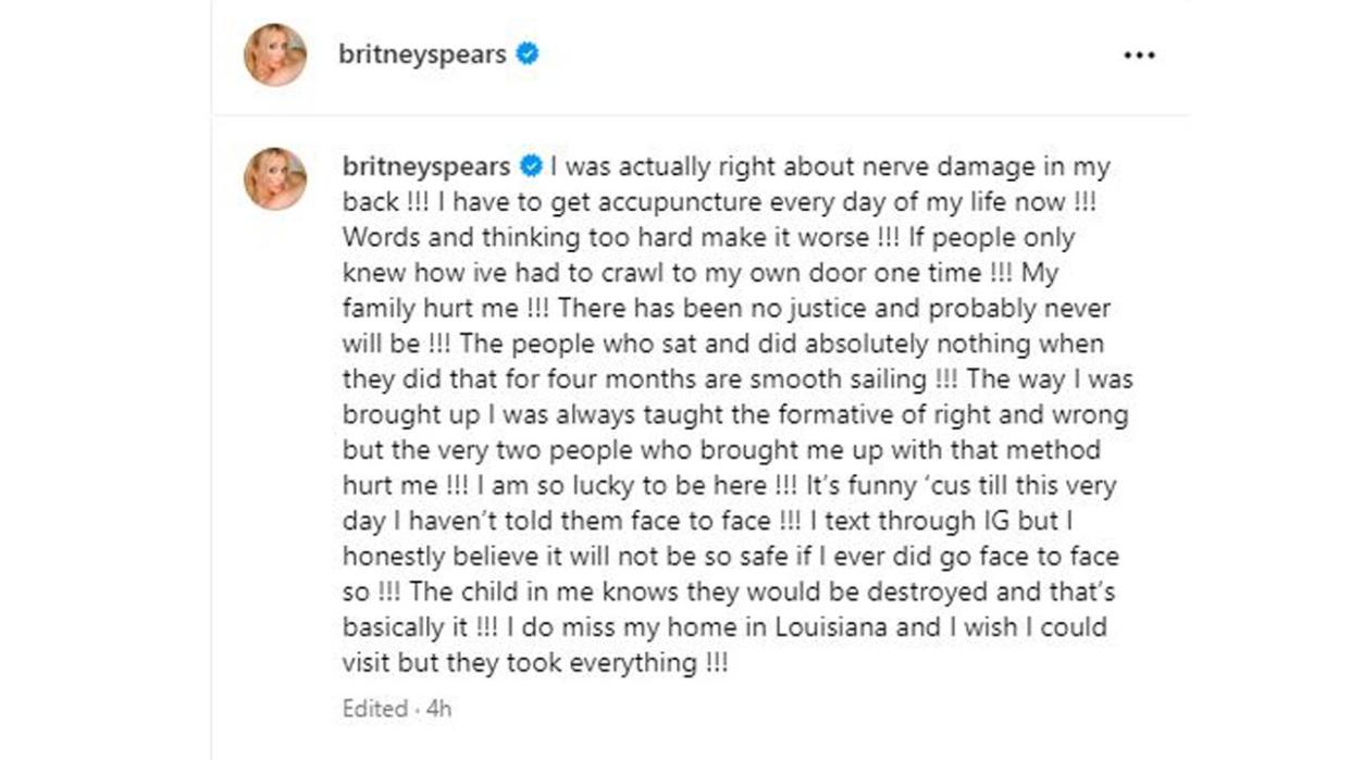 Britney Spears claims her family hurt her and she's doubtful justice will ever be served.