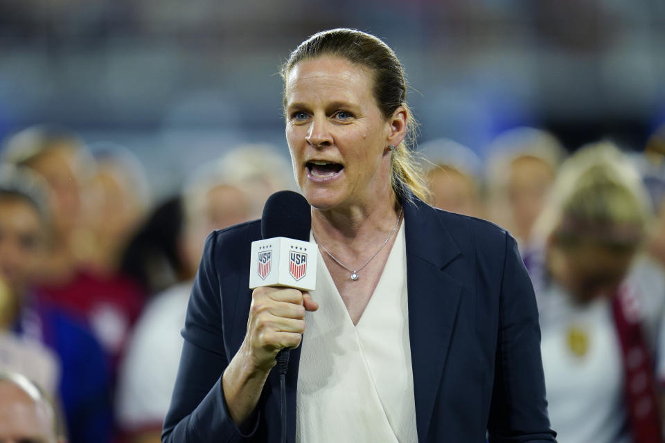 FILE - Cindy Parlow Cone, president of the U.S. Soccer Federation, speaks following a U.S. women's match against Nigeria at Audi Field, Tuesday, Sept. 6, 2022, in Washington. An independent investigation into the scandals that erupted in the National Women's Soccer League last season found emotional abuse and sexual misconduct were systemic in the sport, impacting multiple teams, coaches and players, according to a report released Monday, Oct. 3, 2022. Cindy Parlow Cone called the findings “heartbreaking and deeply troubling.” (AP Photo/Julio Cortez, File)