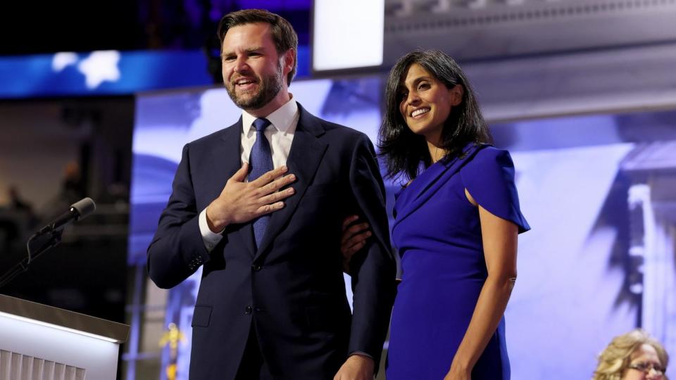PHOTO: Republican vice presidential candidate Sen. J.D. Vance and his wife Usha Chilukuri Vance during the Republican National Convention in Milwaukee, WI, July 17, 2024.  (Robert Gauthier/Los Angeles Times via Getty Images)