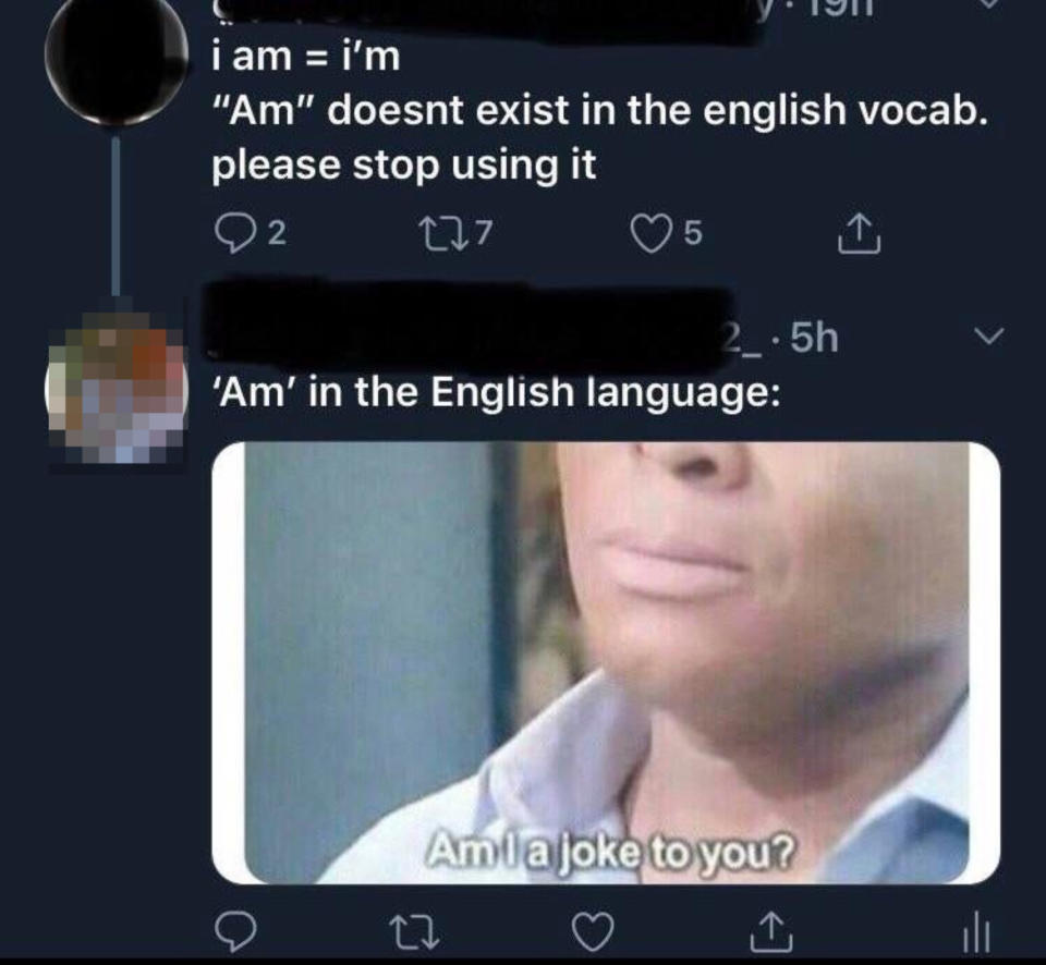"I am = I'm; Am doesn't exist in the English vocabulary, please stop using it" and a reaction image of a perplexed man captioned, "Am I a joke to you?"