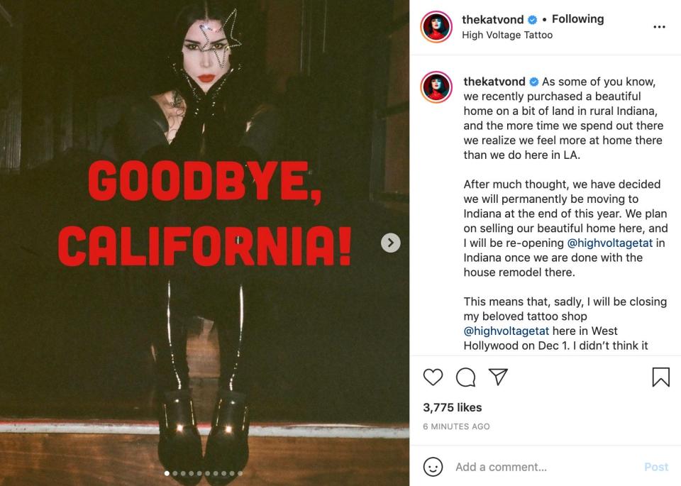 Kat Von D shared this Instagram post about her home and tattoo shop in October 2021.