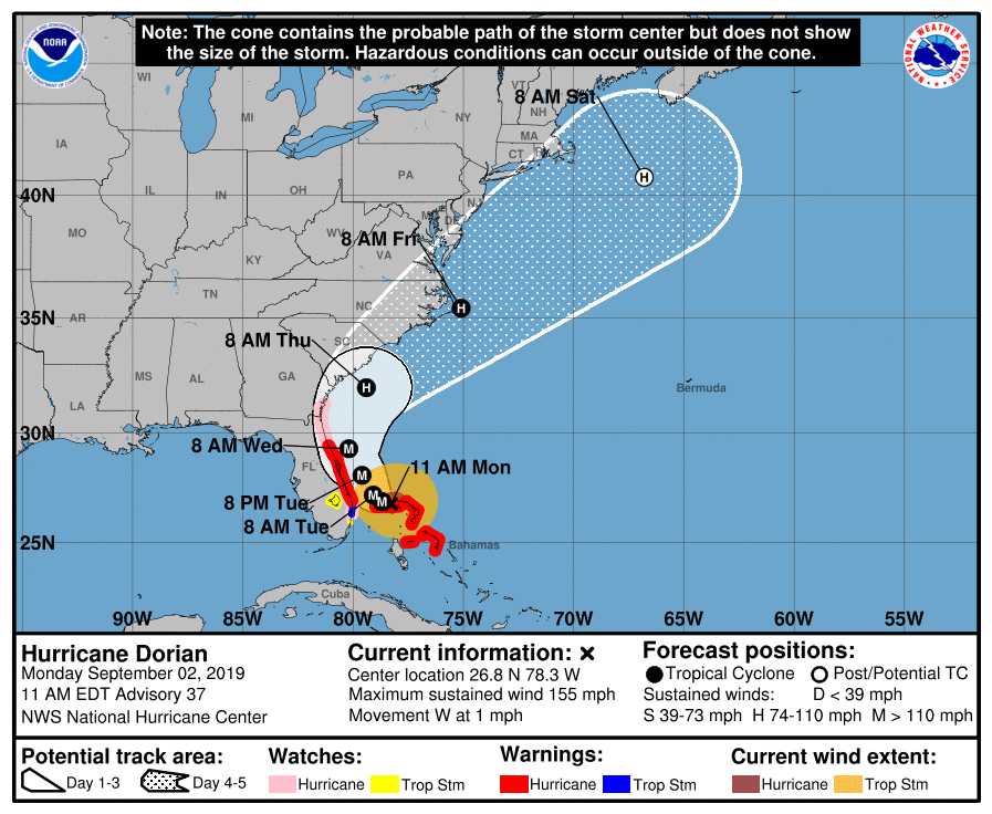 The latest forecasted track for Hurricane Dorian as of 11 a.m. ET on Monday, Sept. 2. | NOAA