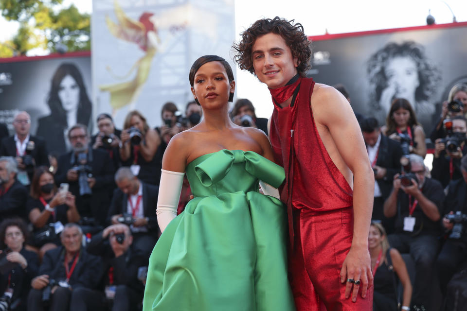 Timothee Chalamet, left, and Taylor Russell pose for photographers upon arrival at the premiere of the film 'Bones and All' during the 79th edition of the Venice Film Festival in Venice, Italy, Friday, Sept. 2, 2022. (Photo by Joel C Ryan/Invision/AP)