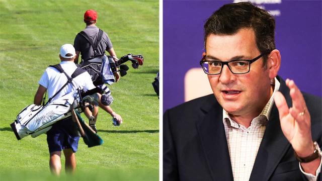 Victorian Premier Daniel Andrews (pictured right) during a media conference and (pictured left) amateur golfers.