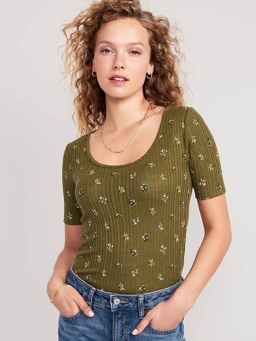 Fitted Elbow-Sleeve Rib-Knit T-Shirt. Image via Old Navy.