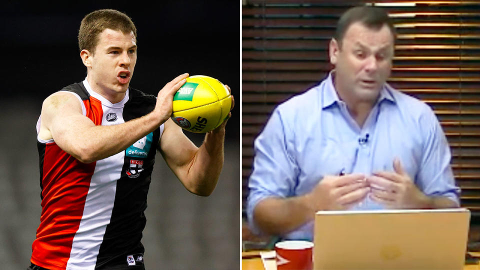 Pictured right is Fox Footy's David King alongside a photo of St Kilda's Jack Higgins on the left.