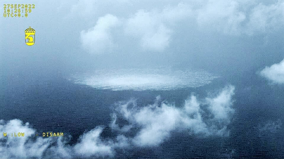 The Nord Stream gas leak in the Baltic Sea in a photograph Tuesday by a Swedish coast guard aircraft. (Swedish Coast Guard / via AP)