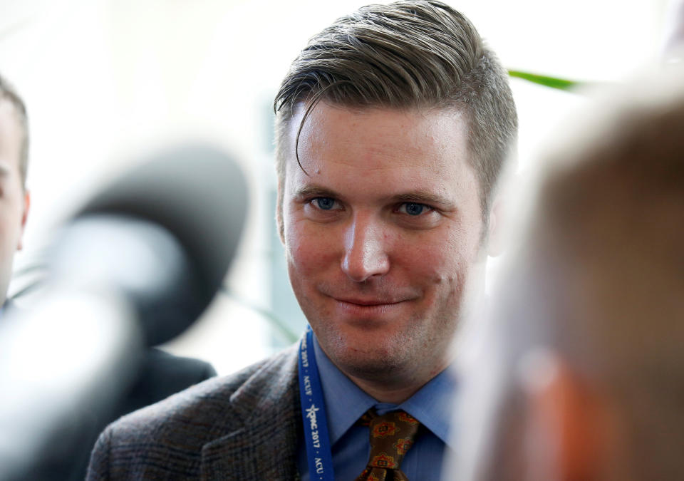 Richard Spencer, a leader and spokesperson for the so-called “alt-right” movement, speaks to the media at the Conservative Political Action Conference (CPAC) in National Harbor, Maryland, U.S., February 23, 2017. REUTERS/Joshua Roberts