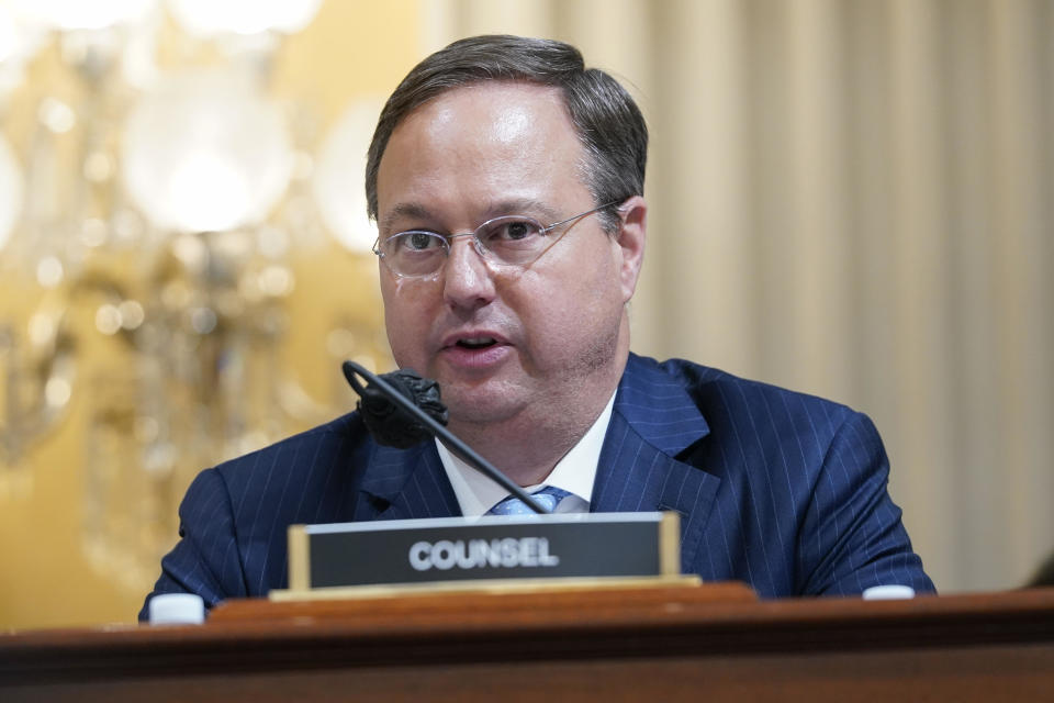 John Wood, committee investigative staff counsel, questions Michael Luttig, a retired federal judge who was also an adviser to Mike Pence, as the House select committee investigating the Jan. 6, 2021, attack on the Capitol holds a hearing at the Capitol in Washington, Thursday, June 16, 2022. / Credit: Susan Walsh / AP