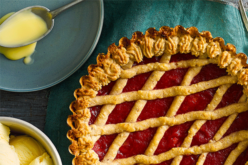 Who could say no to a pretty slice of ruby red pie, or two, rugged up on the couch on a cool wintery night?<br><br><a rel="nofollow" href="https://au.lifestyle.yahoo.com/better-homes-gardens/recipes/r/25119109/rhubarb-lattice-pie-recipe/" data-ylk="slk:Rhubarb lattice pie recipe;elm:context_link;itc:0;sec:content-canvas" class="link ">Rhubarb lattice pie recipe</a>.