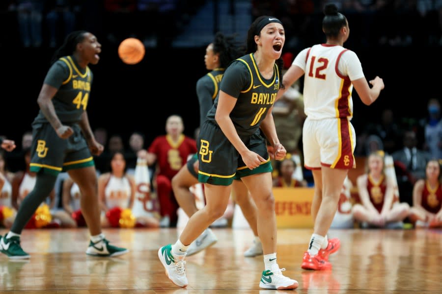 PORTLAND, OREGON – MARCH 30: Jada Walker #11 of the Baylor Lady Bears celebrates after a play during the second half against the USC Trojans in the Sweet 16 round of the NCAA Women’s Basketball Tournament at Moda Center on March 30, 2024 in Portland, Oregon. (Photo by Steph Chambers/Getty Images)