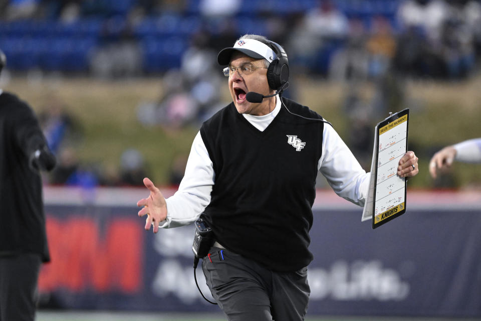 UCF head coach Gus Malzahn reacts during the second half of the Military Bowl NCAA college football game against Duke, Wednesday, Dec. 28, 2022, in Annapolis, Md. (AP Photo/Terrance Williams)