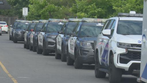 A line of parked Toronto Police was visible near the scene of the shooting.