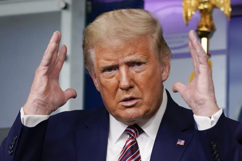 President Donald Trump gestures while speaking during a news conference at the White House, Sunday, Sept. 27, 2020, in Washington. (AP Photo/Carolyn Kaster)