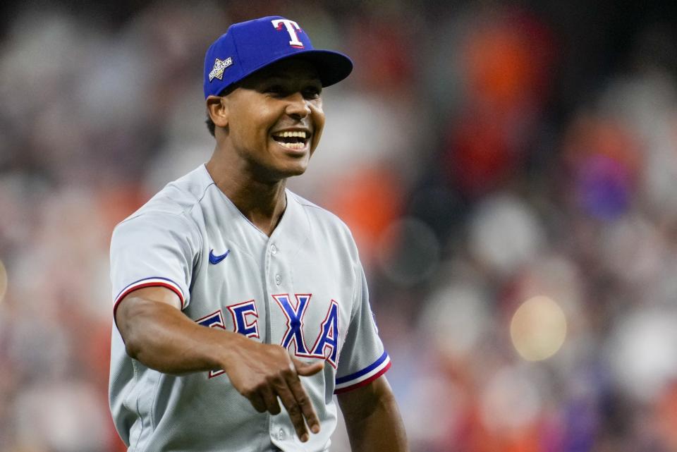 Texas Rangers' Jose Leclerc reacts after Game 2 of the baseball AL Championship Series against the Houston Astros Monday, Oct. 16, 2023, in Houston. The Rangers won 5-4 to take a 2-0 lead in the series. (AP Photo/Godofredo A. Vasquez)