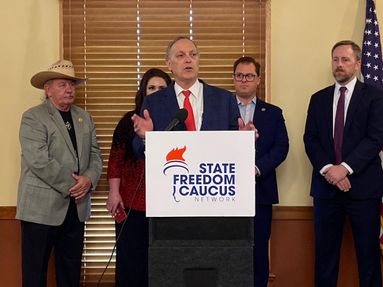 Andy Biggs speaks during an Arizona Freedom Caucus news conference on July 22, 2022, in the historic Senate Chamber at Arizona Capitol in Phoenix.