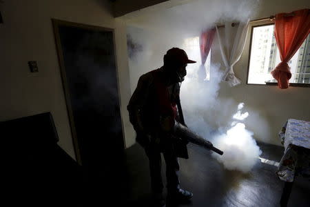 A Venezuelan health worker fumigates inside a house at the Valle slum to help control the spread of the mosquito-borne Zika virus in Caracas, January 28, 2016. REUTERS/Marco Bello