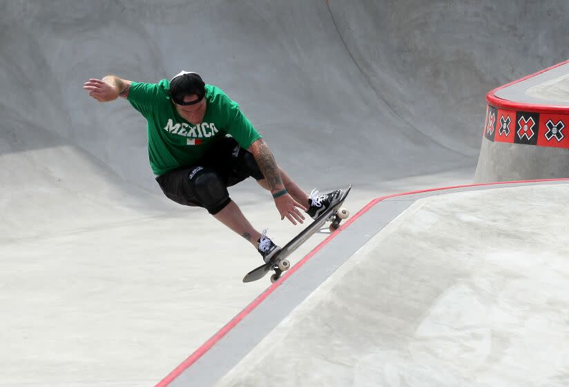 LOS ANGELES, CA - AUGUST 1: Jeff Grosso performs during the Skateboard Park Legends Final at the Event Deck at LA LIVE during X Games 16 on August 1, 2010 in Los Angeles, California. (Photo by Stephen Dunn/Getty Images