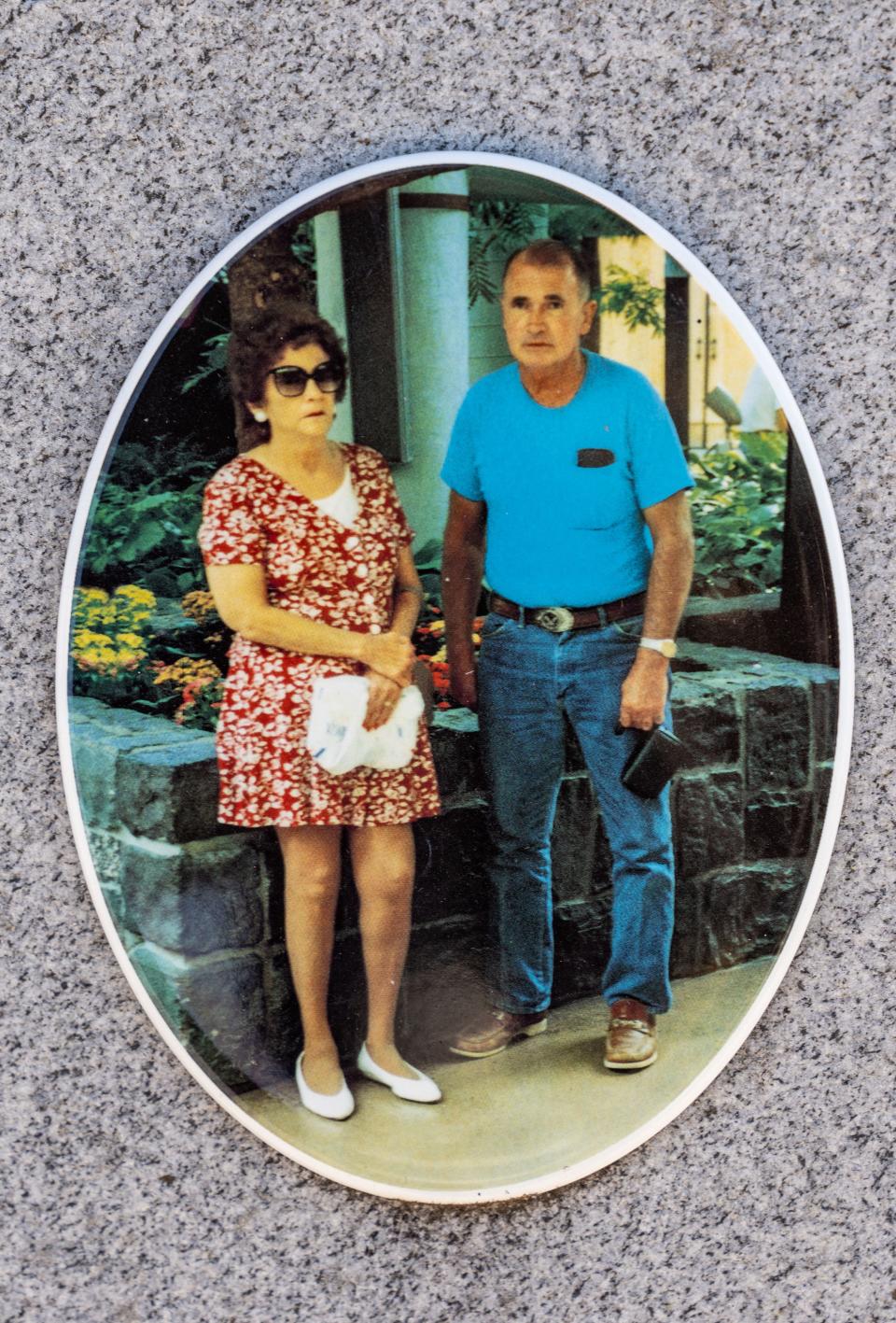 A photo of Anna Studey with her husband Donald Studey on her grave stone near Thurman Iowa, Wednesday, Oct. 26, 2022. According to his daughter, Donald Dean Studey murdered "five or six" women a year and buried them in and around an abandoned well on his property. 