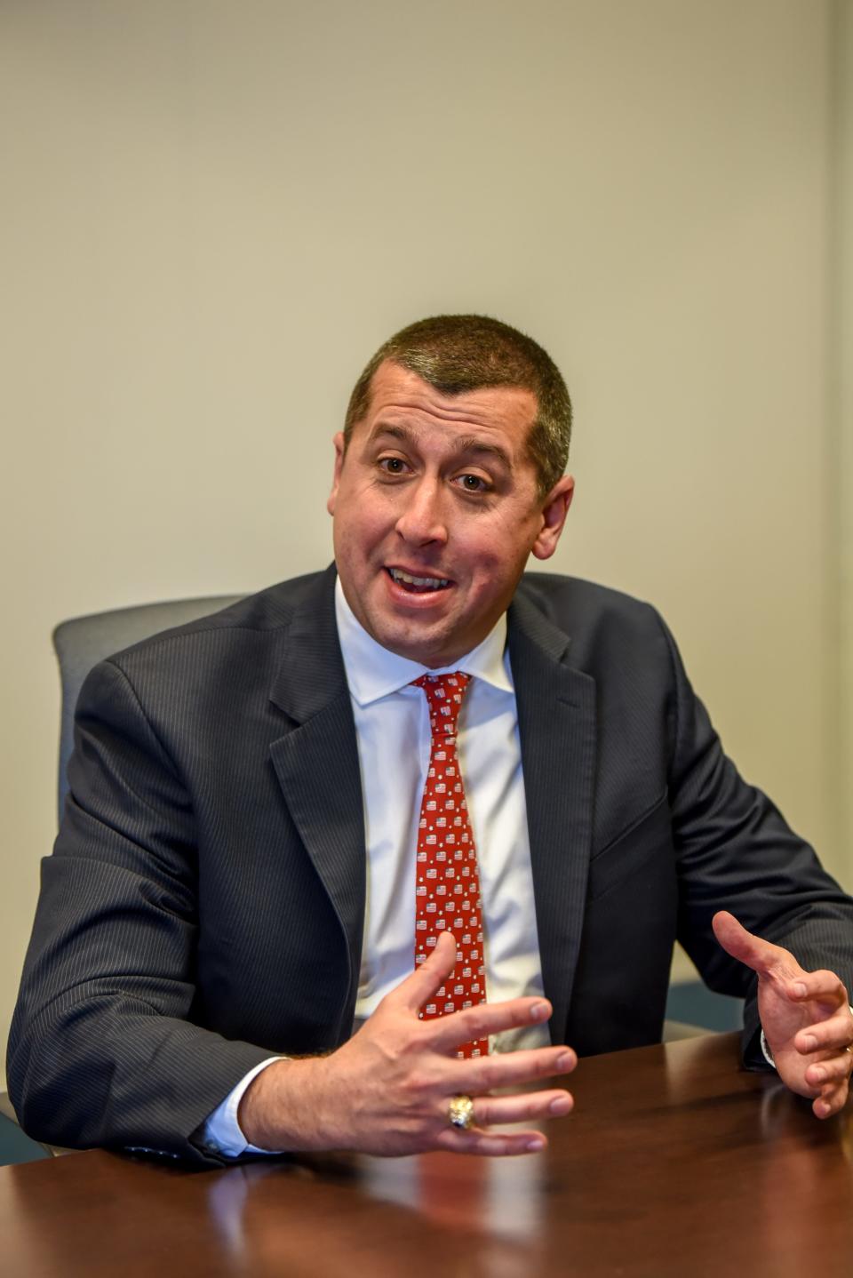 Republican Assembly candidate in the 25th district Brian Bergen speaks during an edit board meeting in Woodland Park on Friday October 25, 2019. 