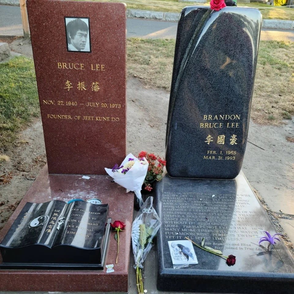 Bruce's grave with polished red stone, and a stome book, brandon's with dark grey stone and a lot of text below it
