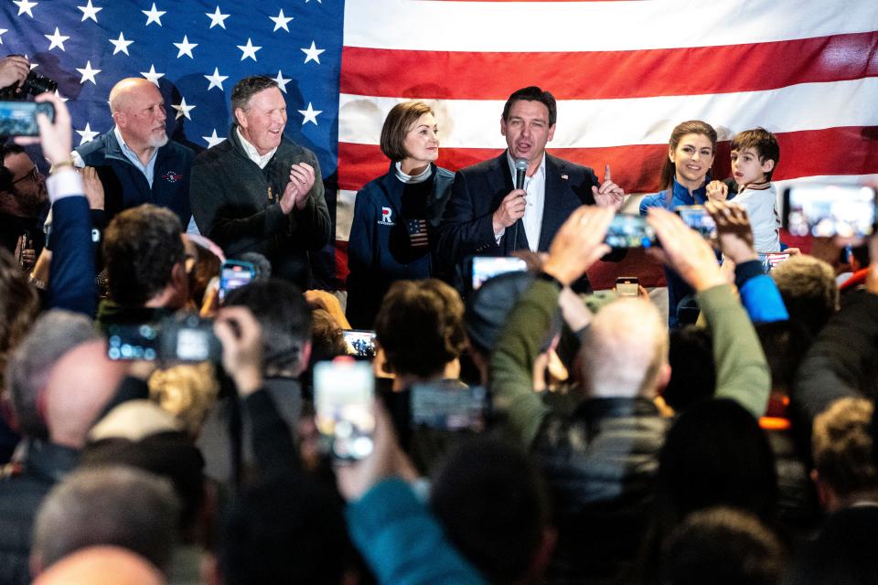 Florida Gov. Ron DeSantis speaks to a packed room of supporters on Saturday, Jan. 13, 2024, at the Never Back Down Campaign Headquarters in West Des Moines.