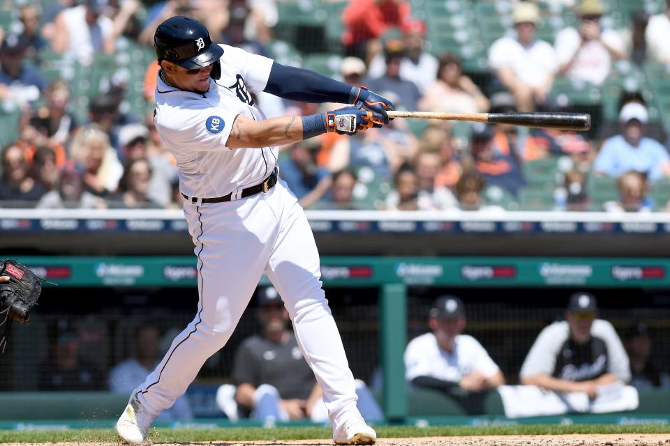 Tigers designated hitter Miguel Cabrera hits a sacrifice fly to score teammate Javier Baez from third base in the third inning against the Orioles in Detroit, Sunday, May 15, 2022.