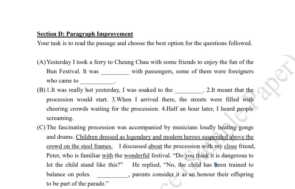 英文模擬試卷的最後一個部份，需要考生以選擇題形式，改善文章段落，並以長洲太平清醮作為題目背景。