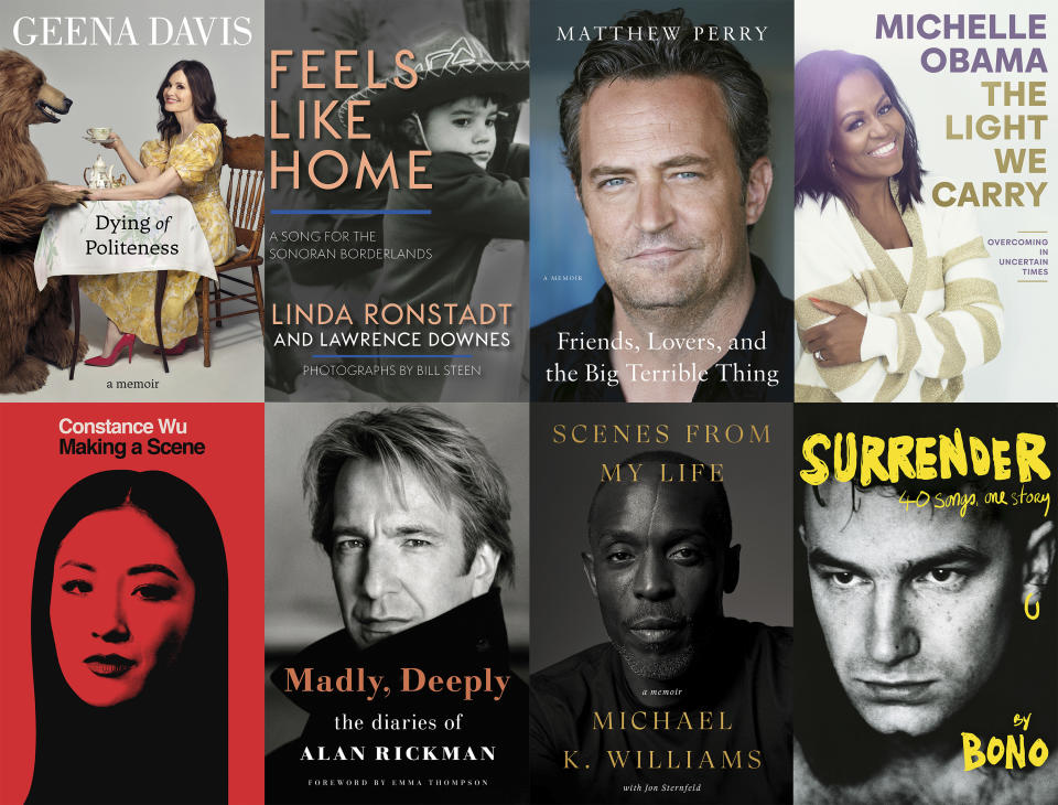 This combination of cover images shows upcoming celebrity books, top row from left, "Dying of Politeness," by Geena Davis, "Feels Like Home: A Song for the Sonoran Borderlands" by Linda Ronstadt and Lawrence Downes, "Friends, Lovers, and the Big Terrible Thing" by Matthew Perry, "The Light We Carry" by Michelle Obama, "Making a Scene" by Constance Wu, "Madly, Deepply" by Alan Rickman, "Scenes from My Life" by Michael K. Williams with Jon Sternfeld and "Surrender: 40 Songs, One Story" by Bono. (HarperOne/Heyday Books/Flatiron/Crown-PRH/Scribner/Henry Holt/Crown/Knopf via AP)