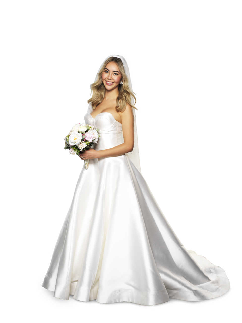 Married At First Sight Australia 2022 Bride Selina wears a big-skirted satin strapless wedding gown, carries pale roses and has her long blonde hair loose.