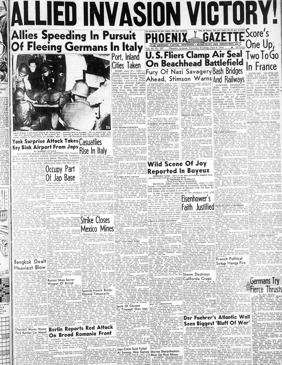 The front page of the Phoenix Gazette from June 8, 1944.