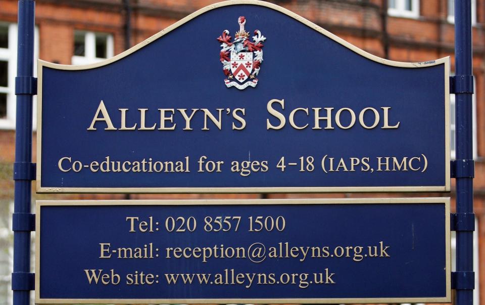 A picture of the sign outside Alleyn's, which gives contact details and says it teaches children aged four to 18