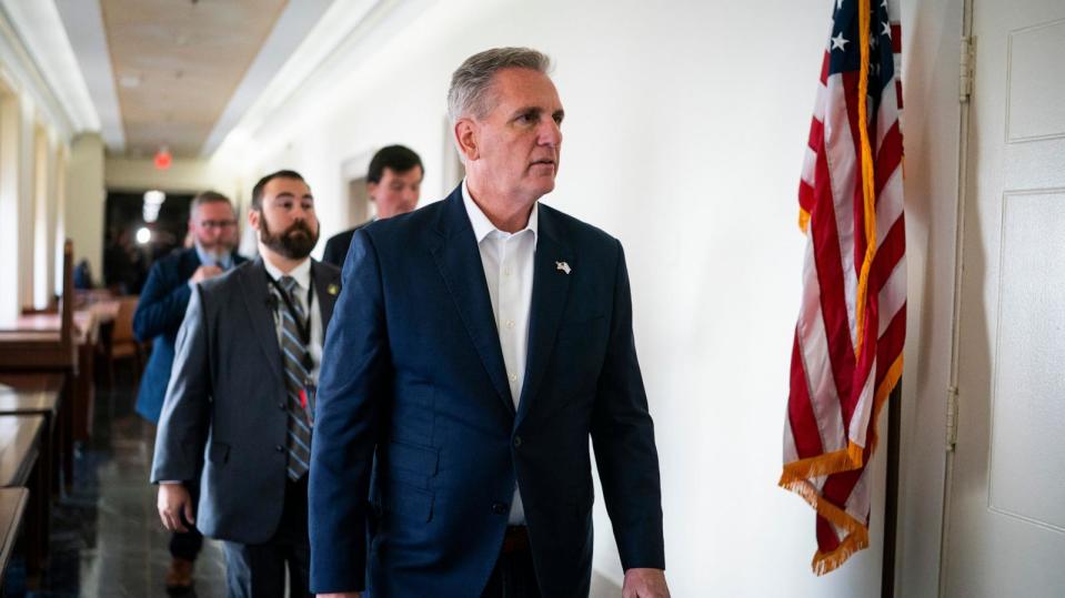 PHOTO: Representative Kevin McCarthy, a Republican from California, departs following a House Republican caucus meeting on Capitol Hill in Washington, DC, Oct. 13, 2023.  (Al Drago/Bloomberg via Getty Images, FILE)