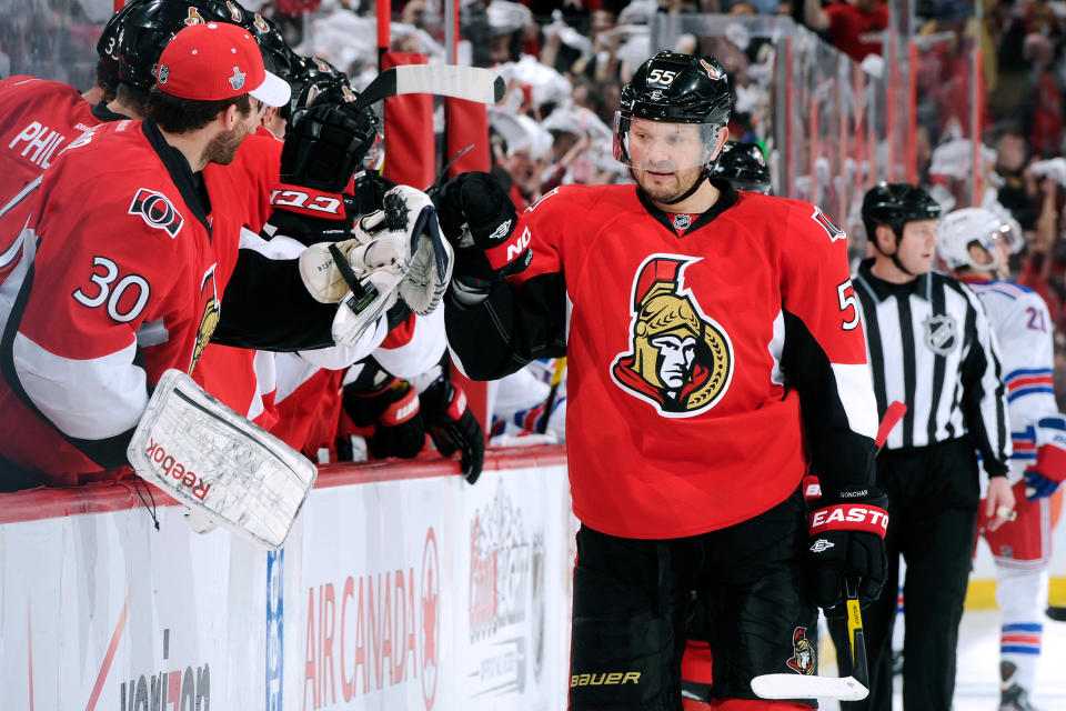 OTTAWA, CANADA - APRIL 23: Sergei Gonchar #55 of the Ottawa Senators celebrates his first period goal with teammates in Game Six of the Eastern Conference Quarterfinals against the New York Rangers during the 2012 NHL Stanley Cup Playoffs at the Scotiabank Place on April 23, 2012 in Ottawa, Ontario, Canada. (Photo by Richard Wolowicz/Getty Images)